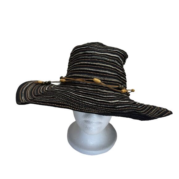 JACOBSON HAT Black Braided Beaded Sun Hat One Size Adult Tan White Wide Brim - Picture 1 of 7